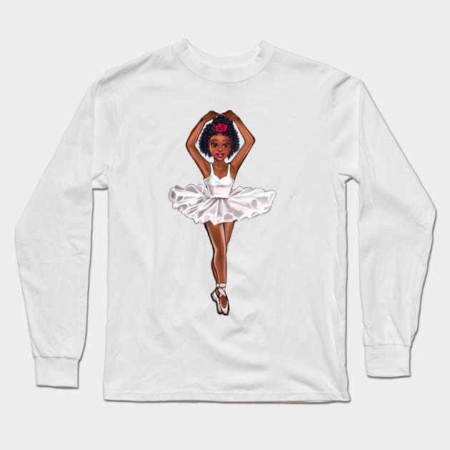 African American ballerina in white tutu and pink rose - anime manga brown skin ballerina Long Sleeve T-Shirt by Artonmytee